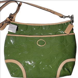 Authentic NWT COACH PEYTON Olive Green Patent Leather Hobo Bag With Tan Accents